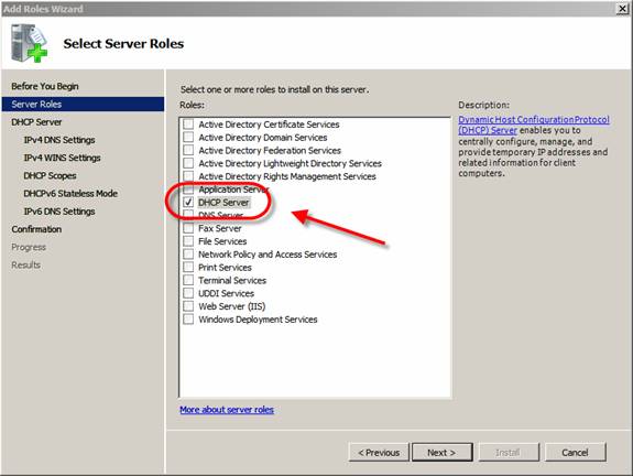 Chọn DHCP Server Role